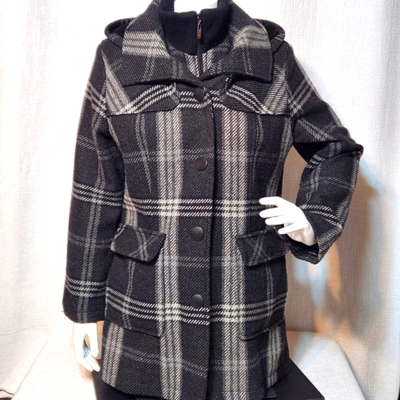 Fleet Street Wool Blend Plaid Hooded Coat Large Black and White Zippered Snaps - Picture 1 of 14